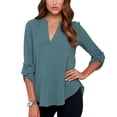 thumbnail image 3 of Jumpingount Camisa de mujer con cuello en V Color sólido Top Verano Camisa V Casual Blusa suelta Prendas para la parte del cuerpo Verde S Jumpingount AP003082-16, 3 of 4