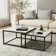 Wisfor Set of 2 Square Coffee Tables Living Room Nesting End Side Tables, White Stoned Top, Metal Frame