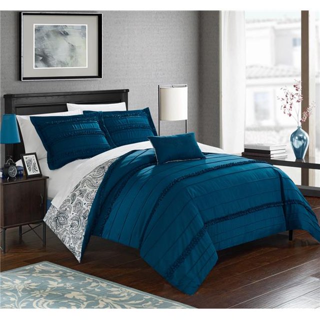 Chic Home DS2348-US 4 Piece Esme Pleated & Ruffled Reversible Paisely Floral Print Queen Duvet Cover Set, Navy