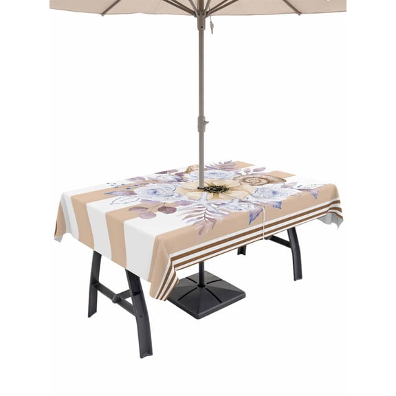 Outdoor Tablecloth with Umbrella Hole for Patio/Picnic/Party/Camping, Brown Flowers Waterproof Table Cloth Rectangle Table Cover Washable, Spring Summer Botanical Floral Leaf Stripe (60"x 102")