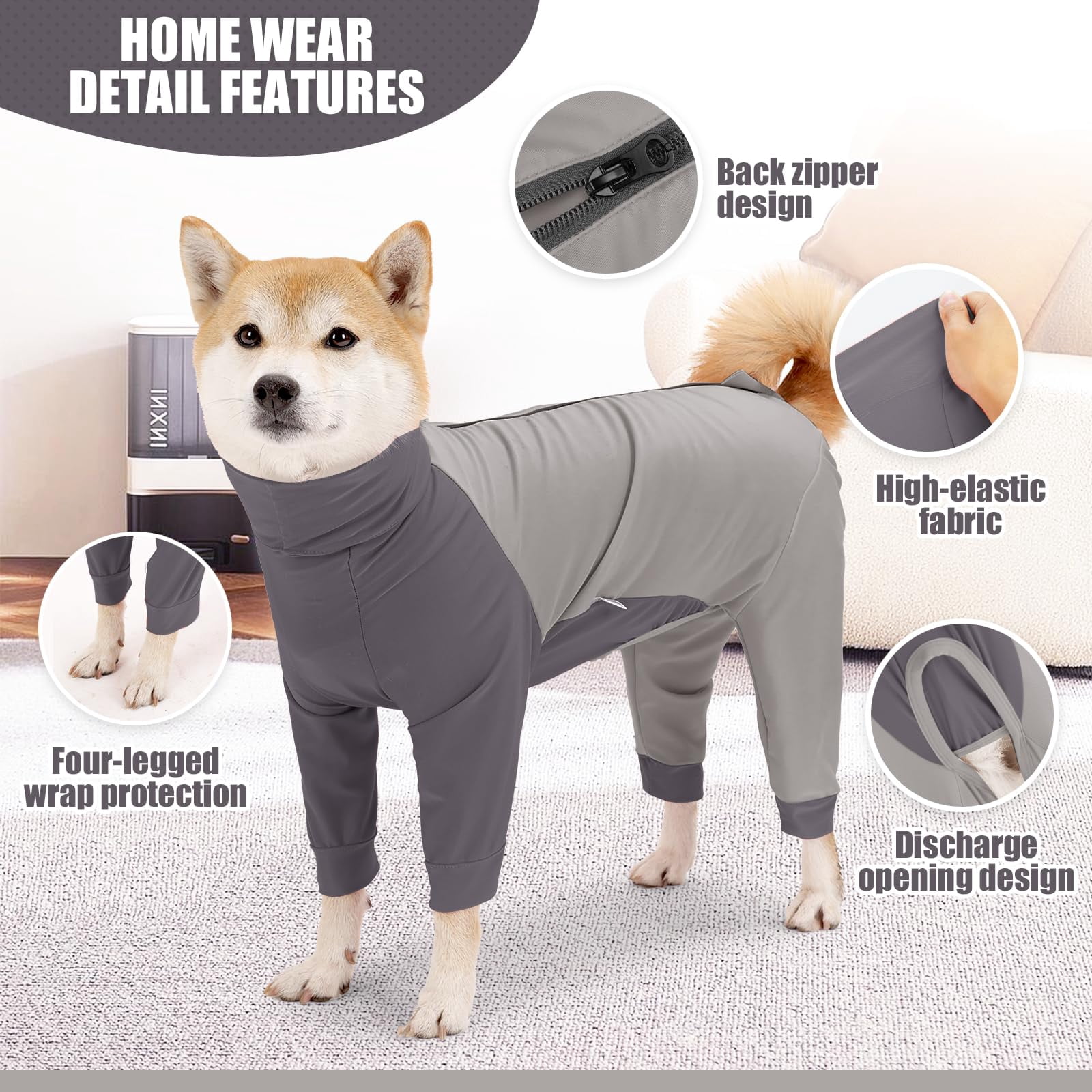 Dog Recovery Suit with Zipper, Dog Shedding Suit Onesie, After Surgery Dog Shirt, E Collar Alternative Anxiety Calming Shirt for Small Medium Large Dog Gray XL