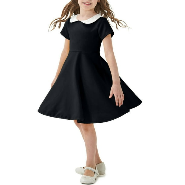 Odeerbi Vestido A-Line de Verano Para Niñas Vestido Con Cuello Peter Pan Acampanado Vestido de Columpio Color Sólido Manga Corta