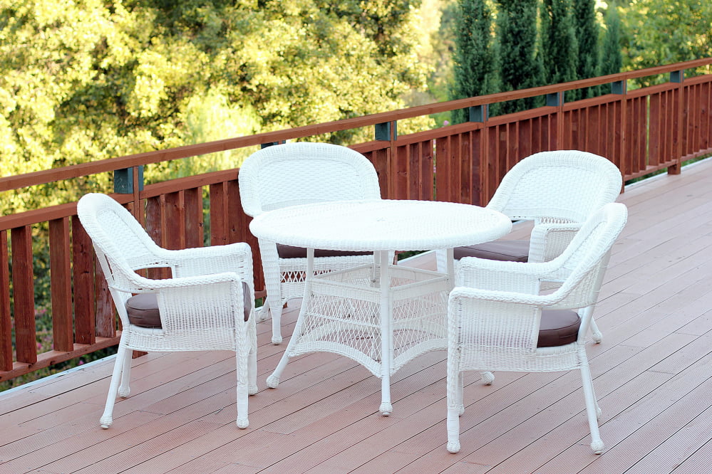 Set Of 5 White Resin Wicker Chair Table Patio Dining Furniture Brown Cushions Com - White Resin Patio Table And Chairs