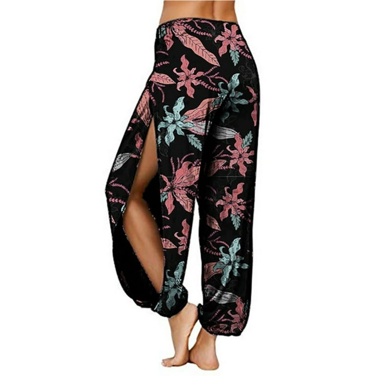 Telisoe Floral Print Harem Sport Yoga Pants for Women High Slit