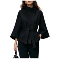 thumbnail image 2 of Miqool Women's Tweed Stand Collar Jacket Button Down Tie Waist Flare Long Sleeve Coat Trendy Casual Office Trench Coat, 2 of 8