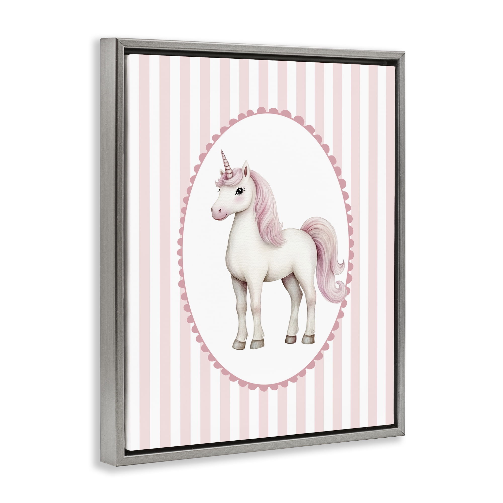 Gentle Unicorn on Pink Stripes Gray Framed Floater Canvas Wall Art, design by Christine Simpson Art