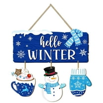 Christmas Decoration Hello Winter Door Sign Winter Welcome Wooden Hanging Sign Snowman Xmas Wall Blue Scarf Snowflakes Winter Wreath Ornament for Holiday Indoor Outdoor