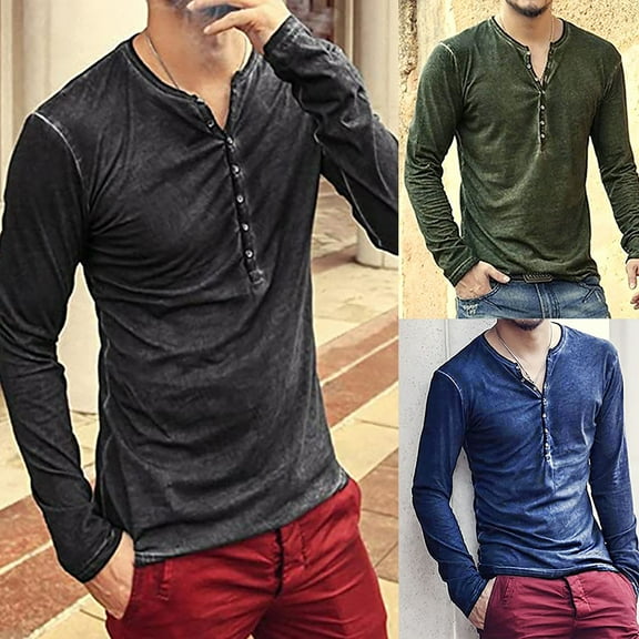 Miluxas Mens Distressed Henley Shirts Front Placket Retro Long Sleeve Tee Shirts Casual Button Down Washed T-Shirts for Men Green