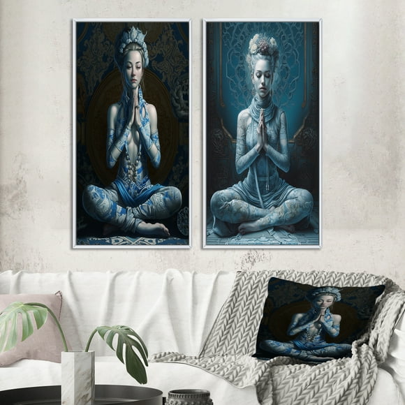 Designart "Spiritual Elegance Blue Yogini Meditation I" Yoga Framed Wall Art Set Of 2 - Traditional Blue Framed Wall Art Set Of 2