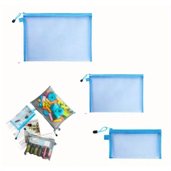 Clear Cosmetic Bags Zip Makeup Mesh Bags Pencil Case Pouch Travel Toiletry Kit Set Storage Case (3Pack Blue)