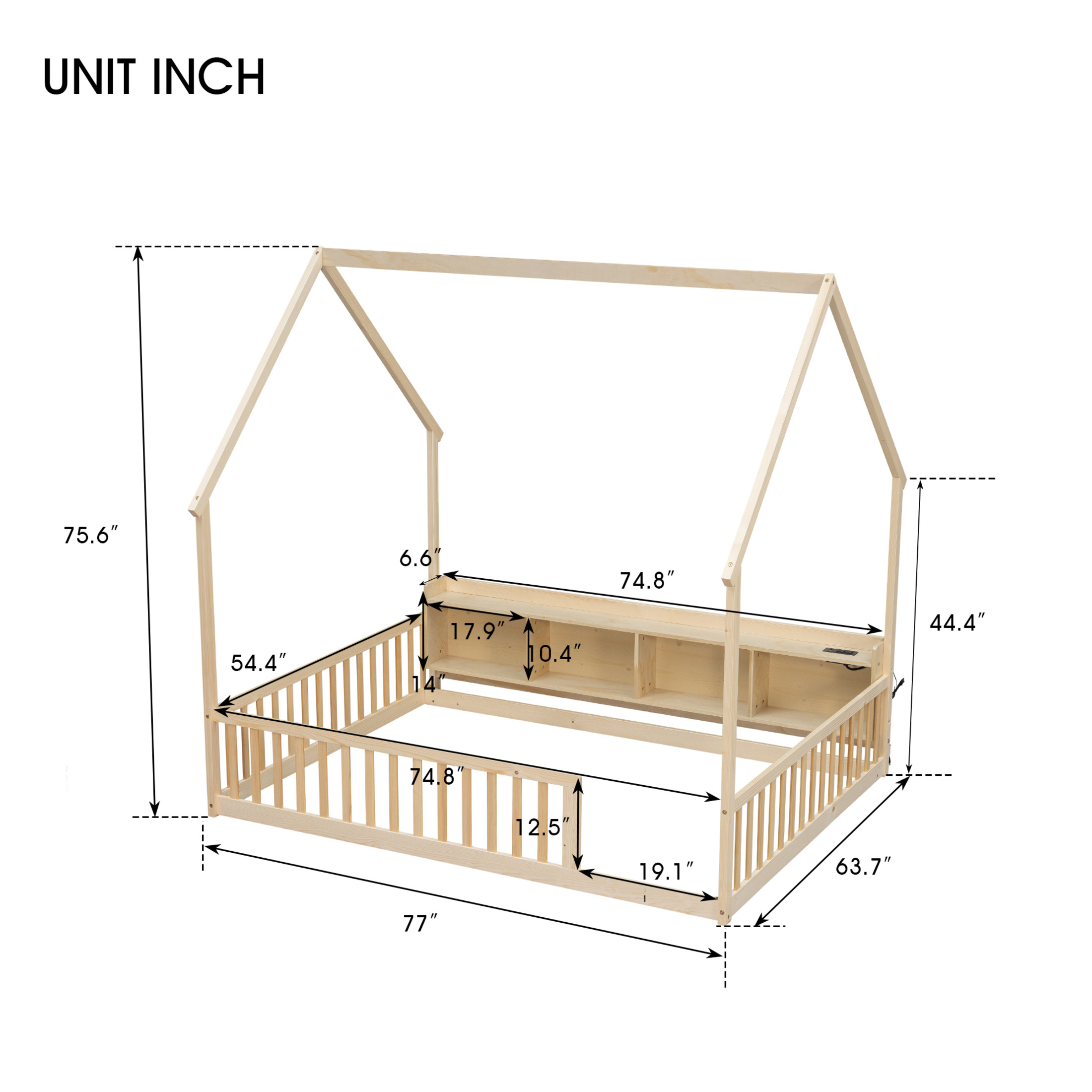 Noble House Norra Full Size Pine Wooden House Floor Bed with Storage Shelves, LED Lights & Charging Station, Natural