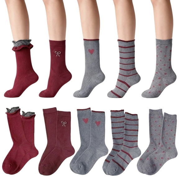Tumao Fashion Cotton Socks for Women, Heart Bow Pattern Cute Novelty Grey Red Socks, Soft Thin Lightweight Breathable Casual & Athletic 5 Packs