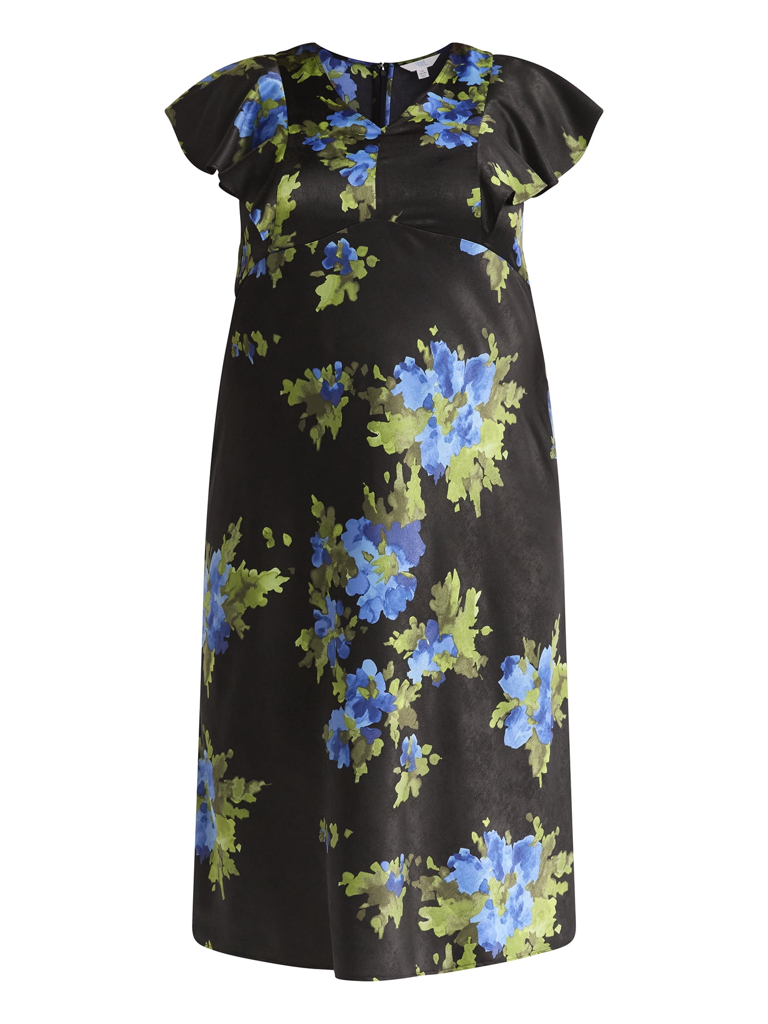 Time and Tru Women's Plus Silky Satin Midi Dress with Flutter Sleeves, Sizes XS-4X