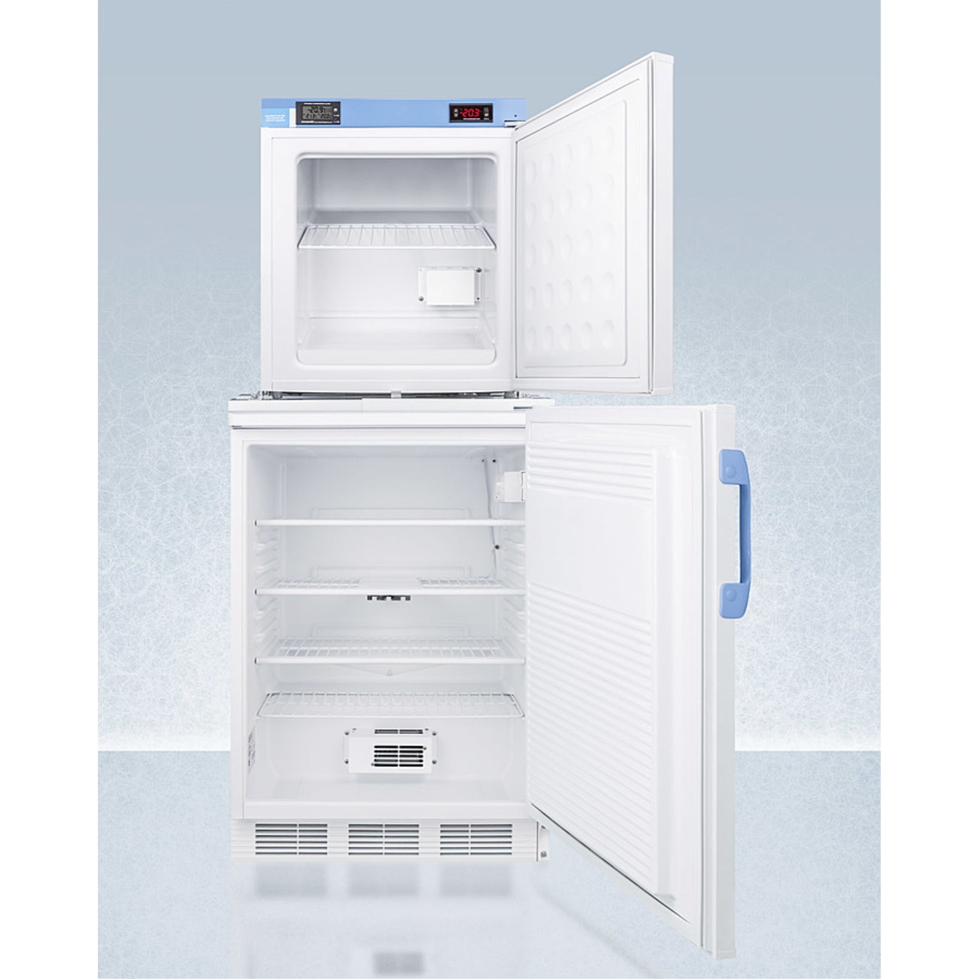 Stacked combination of FF7LWBIMED2 auto defrost all-refrigerator and FS24LMED2 compact manual defrost all-freezer, both with locks, digital controls, and NIST calibrated alarm/thermometers