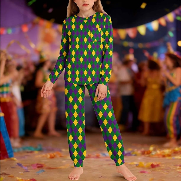 Conjuntos de blusa y camisa de manga larga con cuello redondo para niños y niñas de 5 a 14 años con estampado y bolsillo. Conjunto de top y pantalón de manga larga.
