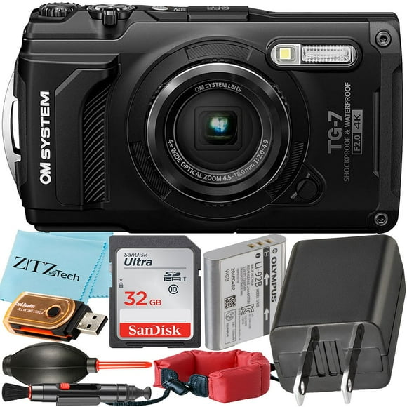 Olympus OM SYSTEM Appareil Photo Numérique TG-7 Tough (Noir) + Carte Mémoire SanDisk 32 Go + Ensemble d'Accessoires ZeeTech (Kit de Démarrage)