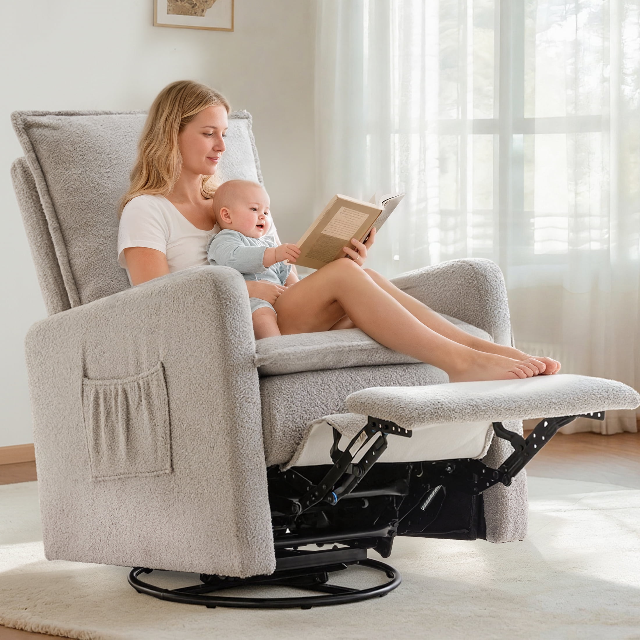 Gelloan Upholstered Swivel Glider and Recliner Nursery Chair, Light Gray