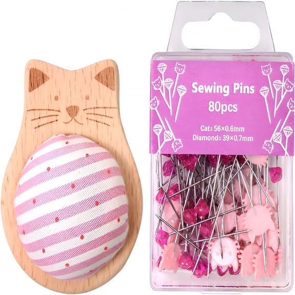 XIBUFE Cute Cat Pin Cushion Kit-Adorable Pincushion with 80 Craft Positioning Pins, Wooden Base Pin Cushions for Sewing Quilting and Needlepoint DIY Projects