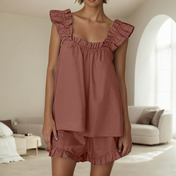 Women'S Pajama Sets 2 Piece Outfits Sleeveless Sleepwear Ruffle Crop Top And Casual Shorts Loungewear Outfit Brown M