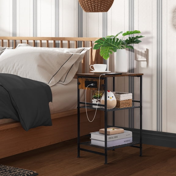 Nightstand with Charging Station, Set of 2 Side Tables with USB Ports & Power Outlets, 3‑Tier Adjustable Shelf End Tables for Bedroom, Living Room