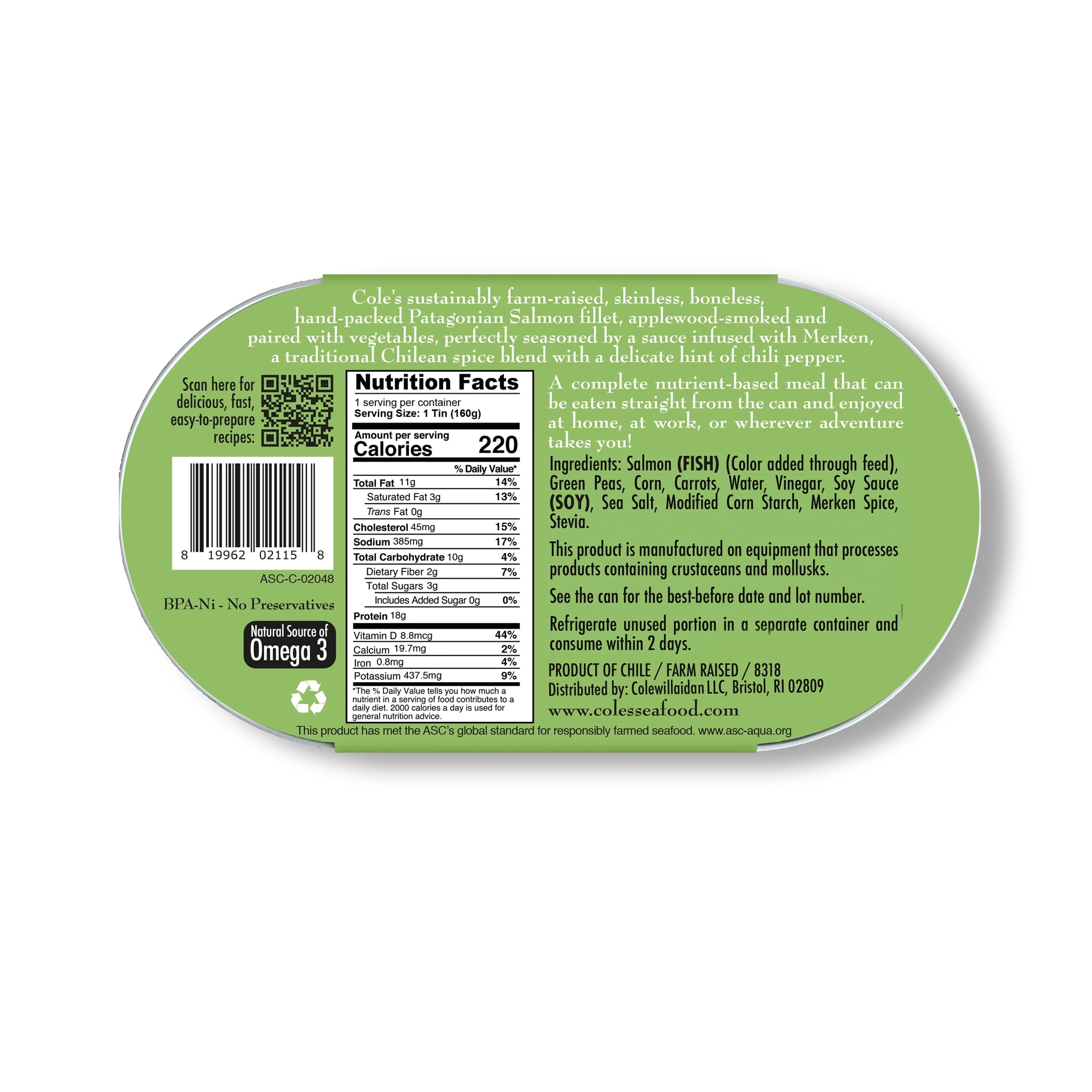(6 pack) Cole's Open & Eat Patagonian Smoked Salmon Fillet (FISH) with Vegetables, 5.6oz (160g) High in Protein, High in Vitamin D, Skinless and Boneless