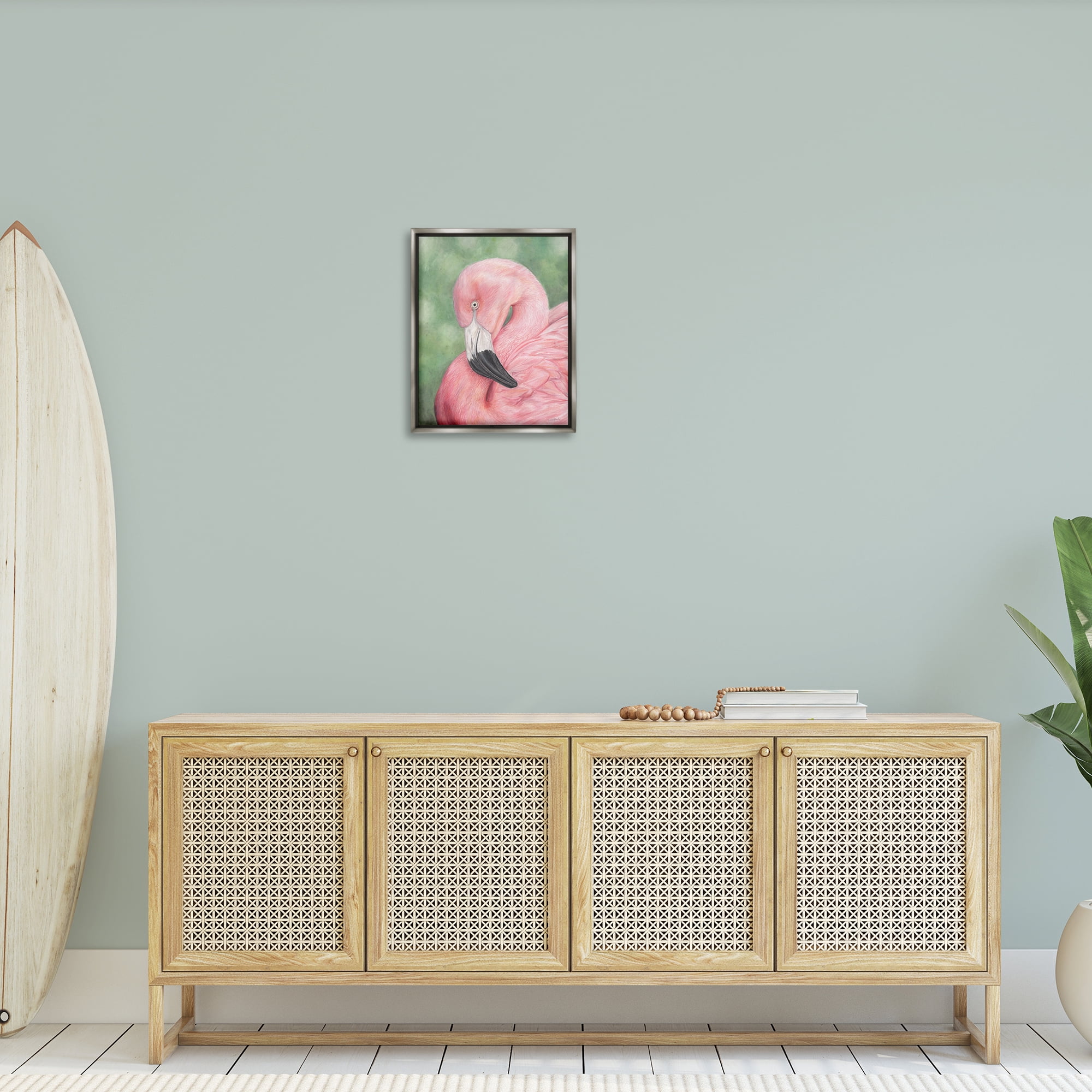 Stupell Industries Blushing Flamingo Visage Animals & Insects Painting Gray Floater Framed Canvas Art Print Wall Art, 17 x 21