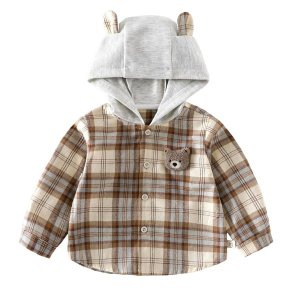 Staki Flannel Jacket for Boys Boys Flannel Shirts Plaid Hoodie: Button Down Long Sleeve Shirt Fall Winter Fashion Lightweight Hooded Jacket Coats 3-6M,12-24M,2T,3T,4T,5T,6Y(Coffee,1-2 Years)
