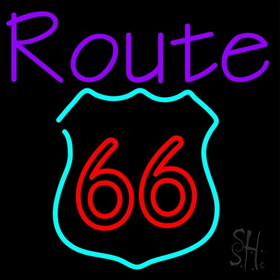 Purple Route 66 LED Neon Sign 16 x 16 - inches, Black Square Cut Acrylic Backing, with Dimmer - Bright and Premium built indoor LED Neon Sign for café, club, party, event and stroefront.