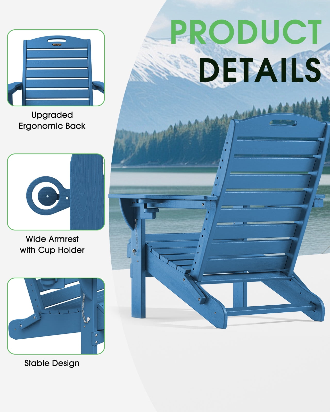 Folding Adirondack Chair Set of 2 Outdoor Fire Pit Chairs HDPE All-Weather with Cup Holder Patio Garden Navy
