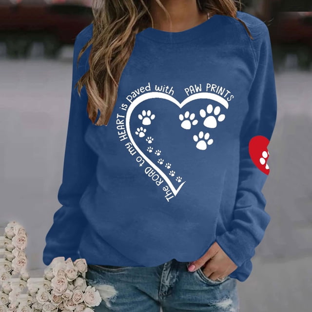 Fartey Chandails en Molleton Graphiques Cœur Patte Mignons pour Femmes Manches Longues Col Rond Chemises Amples Confortables Automne Ajusté Chandail Tops
