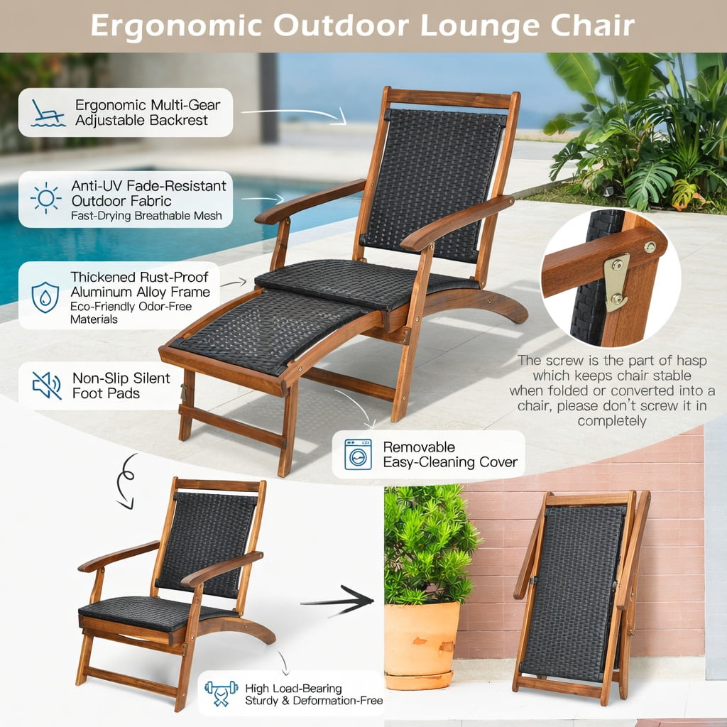Hommoo Foldable Rattan Lounge Chair with Acacia Wood Frame, Retractable Footrest, Rustic Patio & Backyard Seating for Poolside, Garden, Deck, Brown