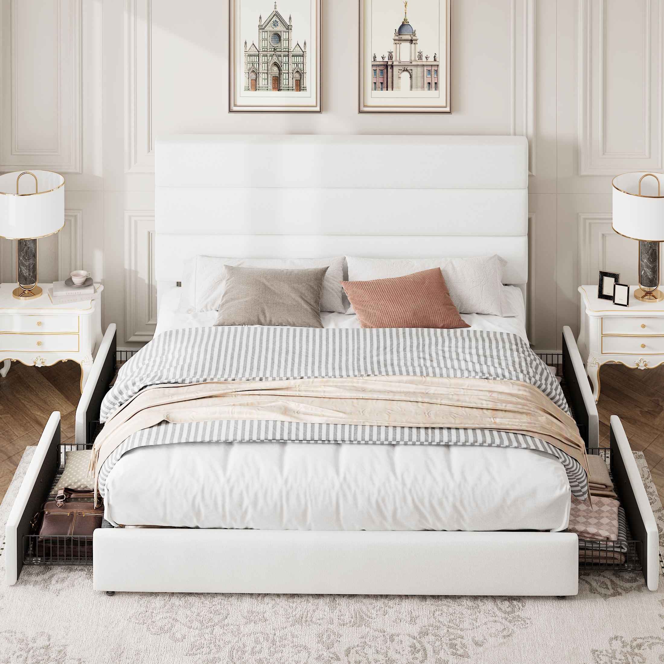 Amolife Queen Size Storage Platform Bed Frame with 4 Drawers & Upholstered Velvet Slat Headboard, White