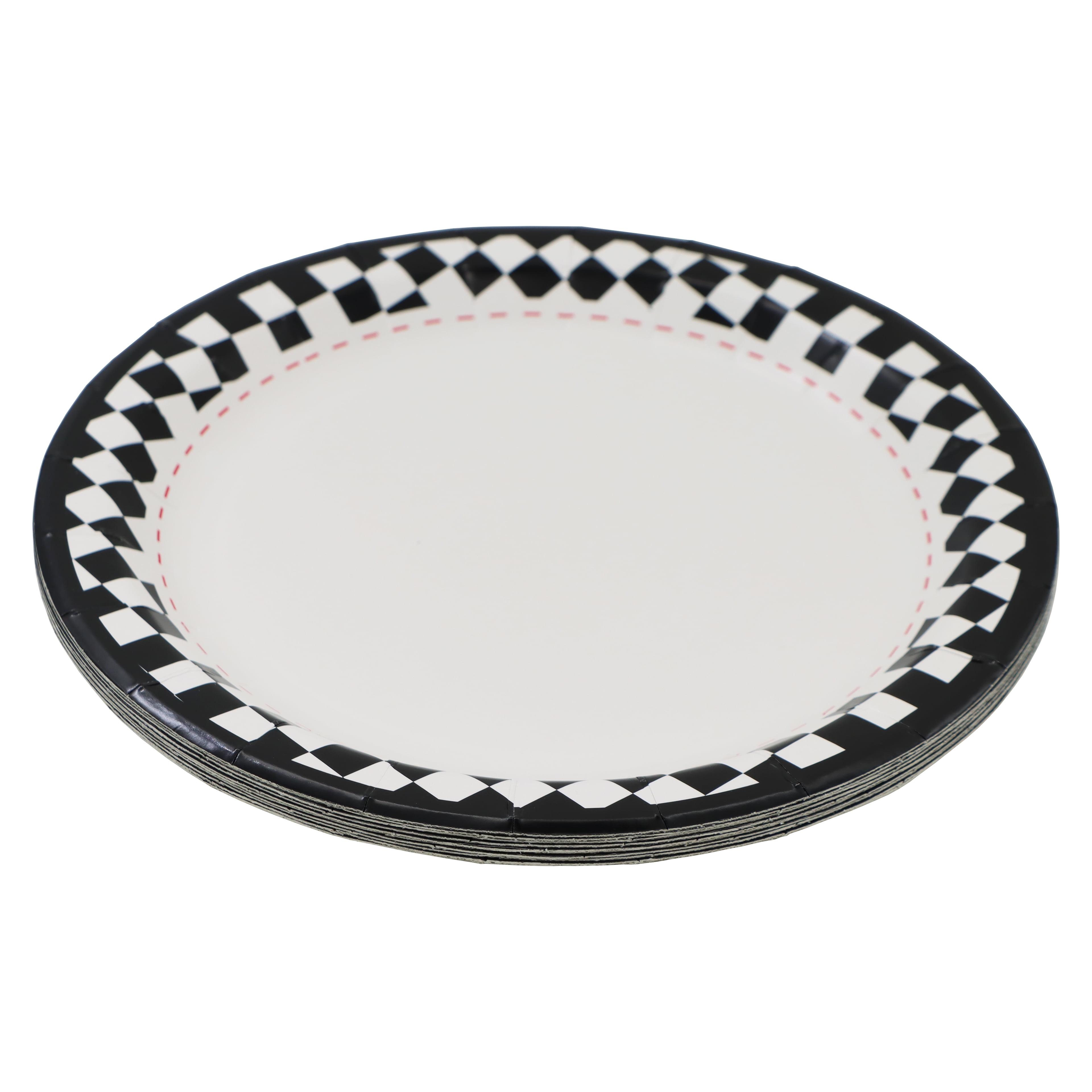 Celebrate It Paper Plates - Black & White Checker Edge Dinner Plates with Red Trim, Black/White/Red, 9", 12 Packs (120 Total)