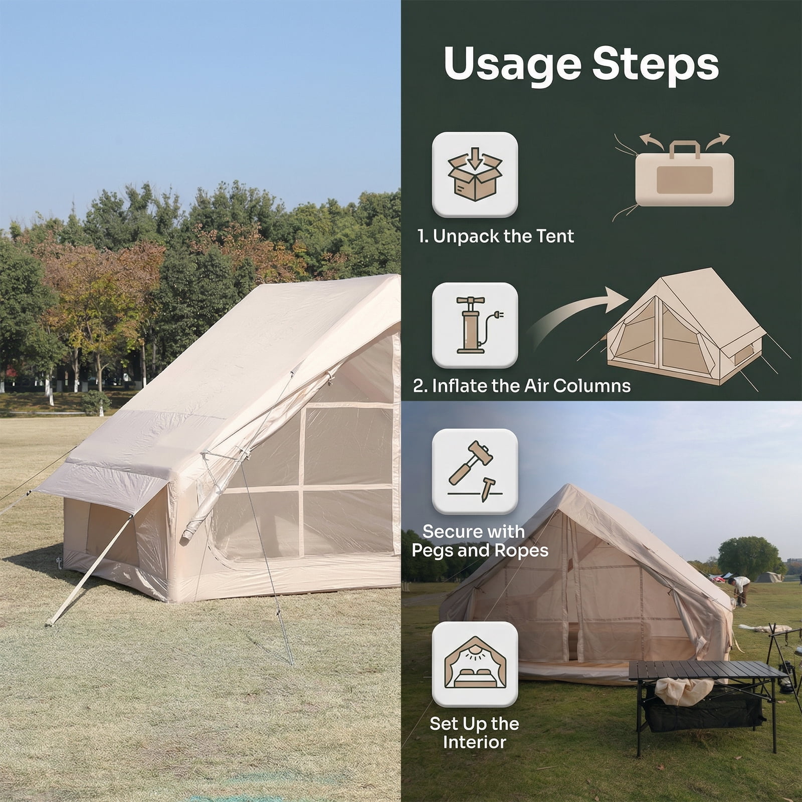 Inflatable Camping Tent with Pump, Waterproof 3-4 Person Glamping Air Tent, 210D Oxford Fabric, Instant Setup & Windproof for Outdoor Family Adventure