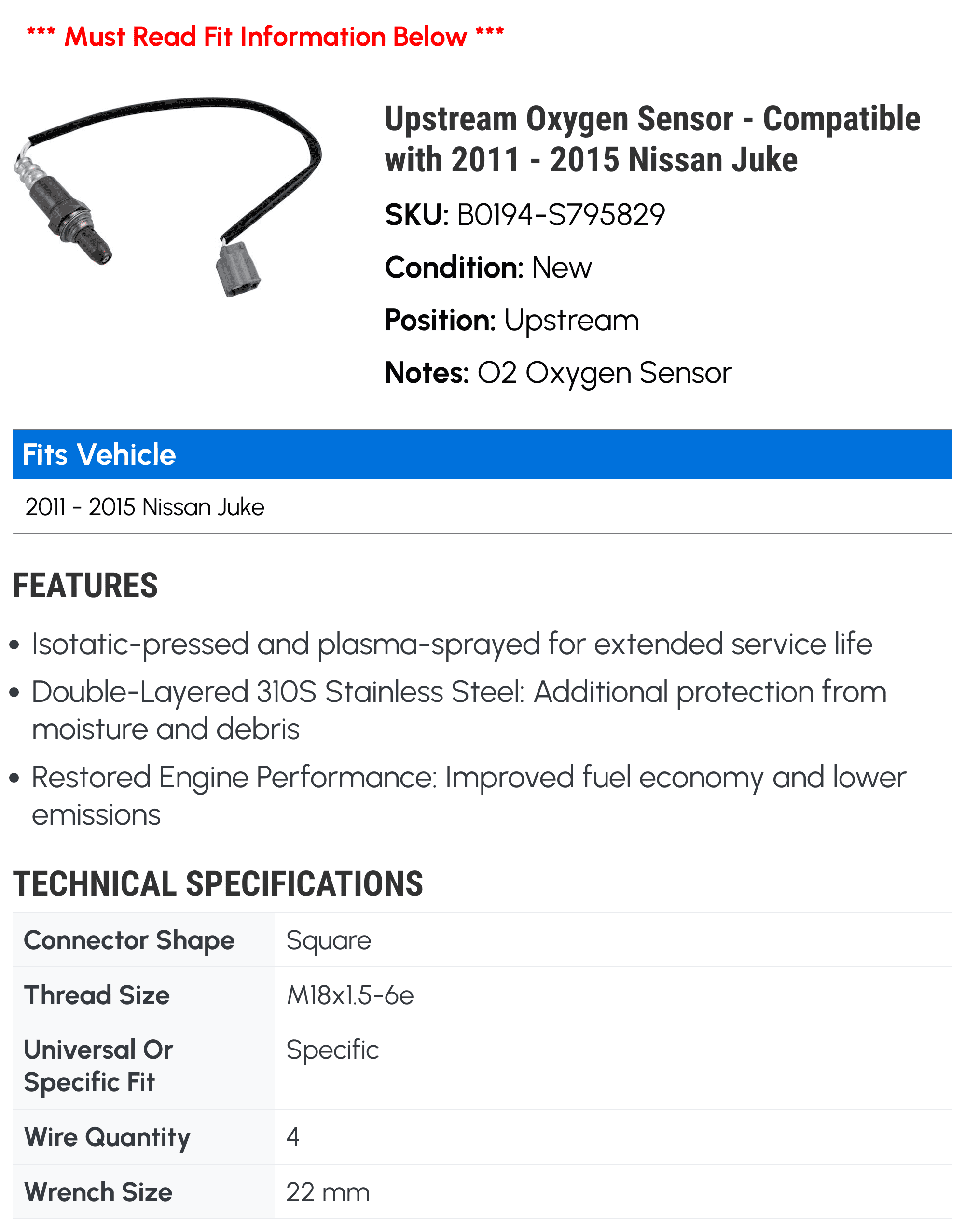 Upstream Oxygen Sensor - Compatible with 2011 - 2015 Nissan Juke 2012 2013 2014