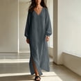 thumbnail image 2 of Maxi Dress for Women Solid Color Cotton Linen Long Sleeve Side Slit Loose Dress for Casual & Party Wear, 2 of 7