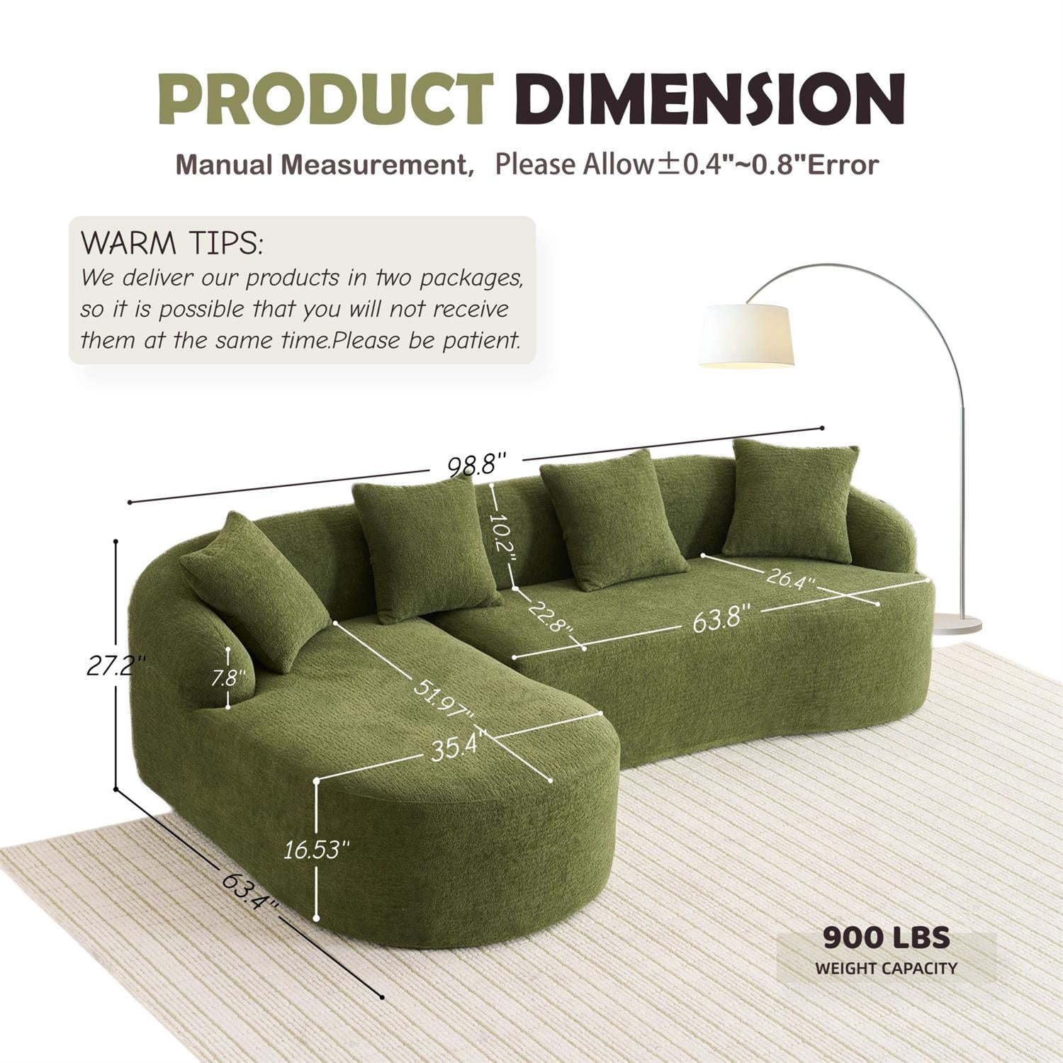 Demi Bonn 98" Cozy L-Shape Sectional Sofa with Curved Chaise, High-Density Foam, Chenille Modular Couch for Living Room, Supports 900 lbs, Green