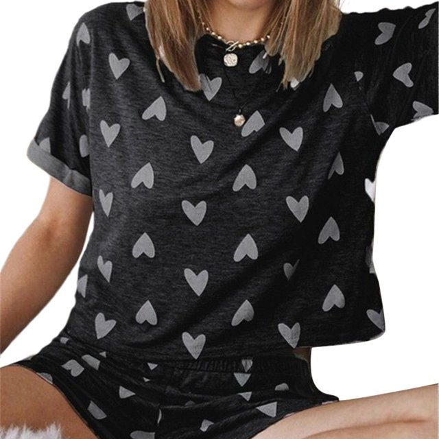Pyjama Motif Amour pour Femmes Ensemble Deux Pièces Col Rond Manches Courtes Haut Short Ample Vêtements de Maison