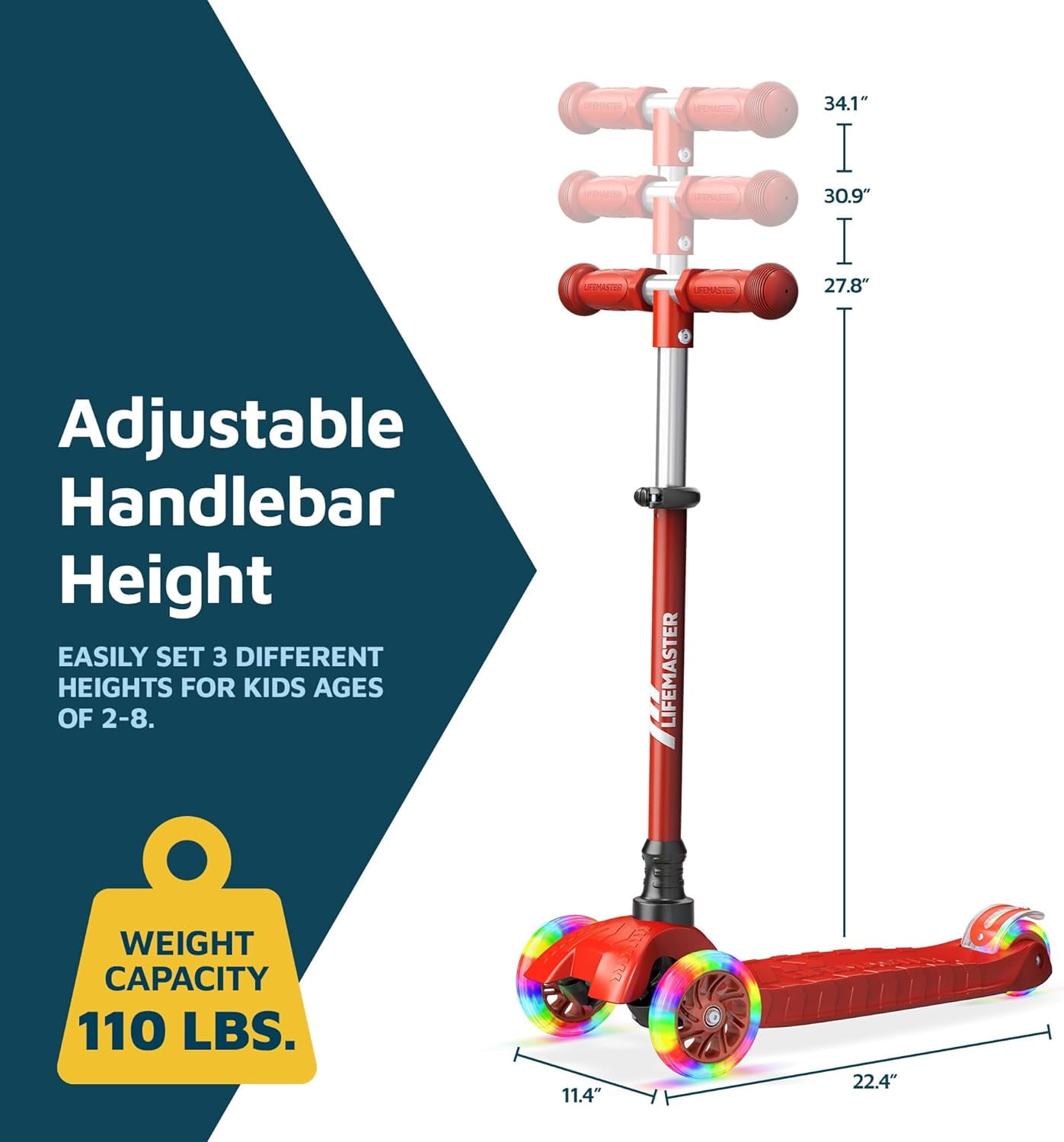 Lifemaster Mini 3-Wheel Kids Scooter with Multi-Color Wheel Lights – 4-Height Adjustable Handlebar, Wide Anti-Slip Deck, Child Safety Certified, Boys & Girls Ages 2+ Supports Up to 110 lbs