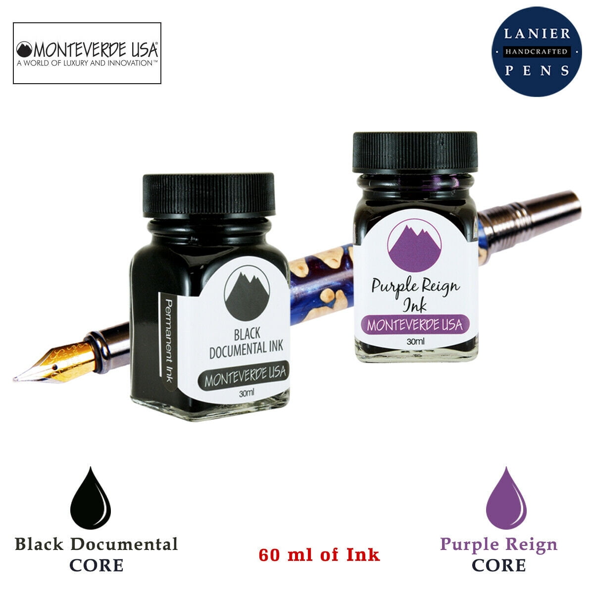 Monteverde 60ml Core Fountain Pen Ink Bottle (30ml Black Documental Ink Bottle G309DB, 30ml Purple Reign Ink Bottle G309PR)