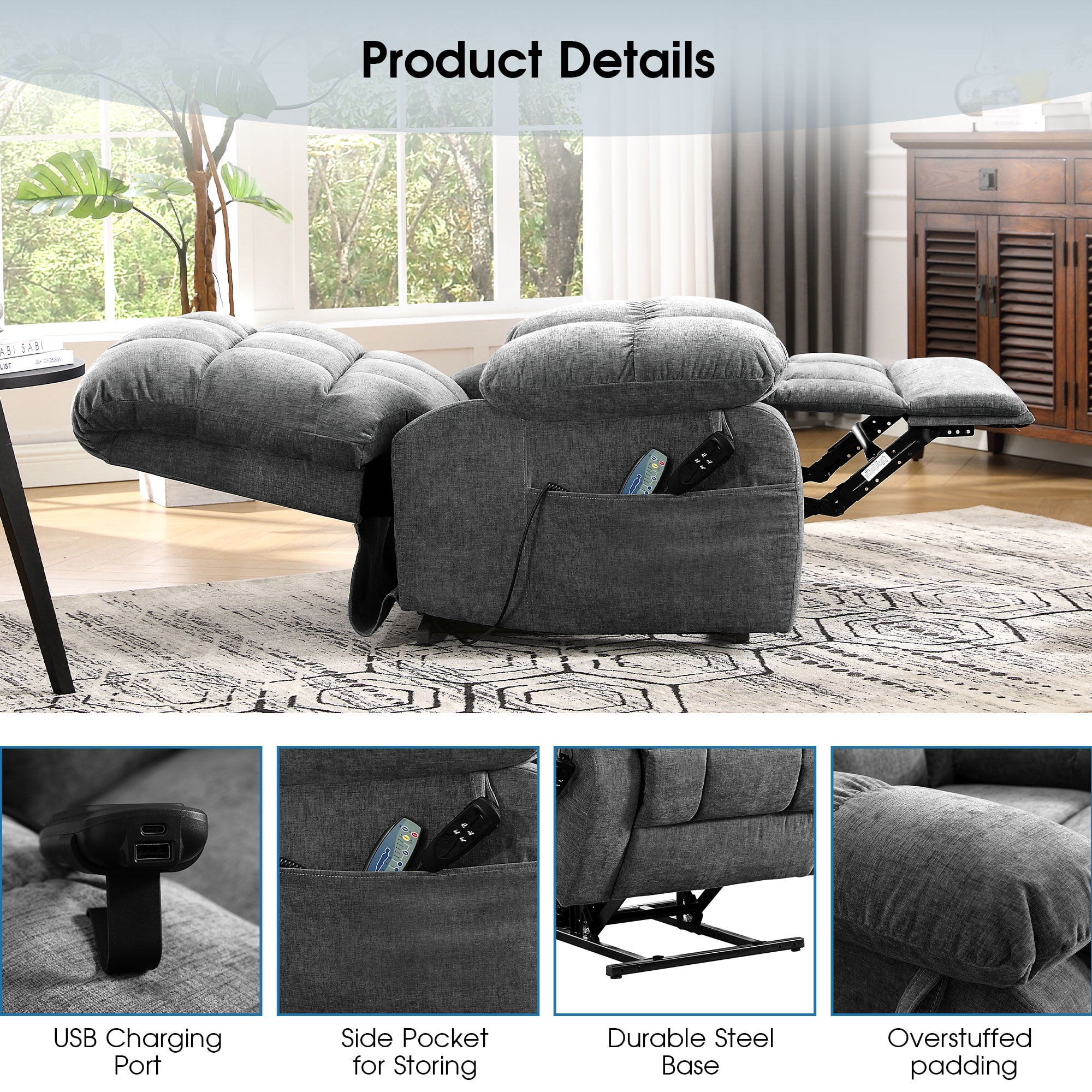 BedLuxury Lay Flat Recliner Power Lift Chair for Elderly with Massage and Heat,Dual Motor Big and Tall Recliner for Living Room with Side Pockets,Infinite Position(Grey)