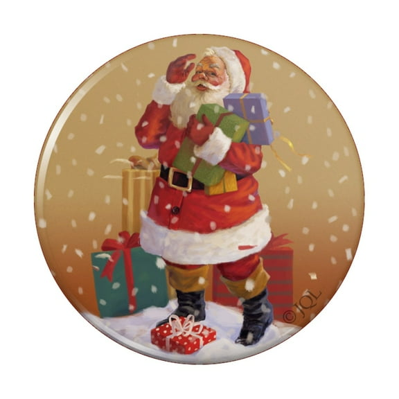 Christmas Holiday Santa Delivering Presents Holly Pinback Button Pin