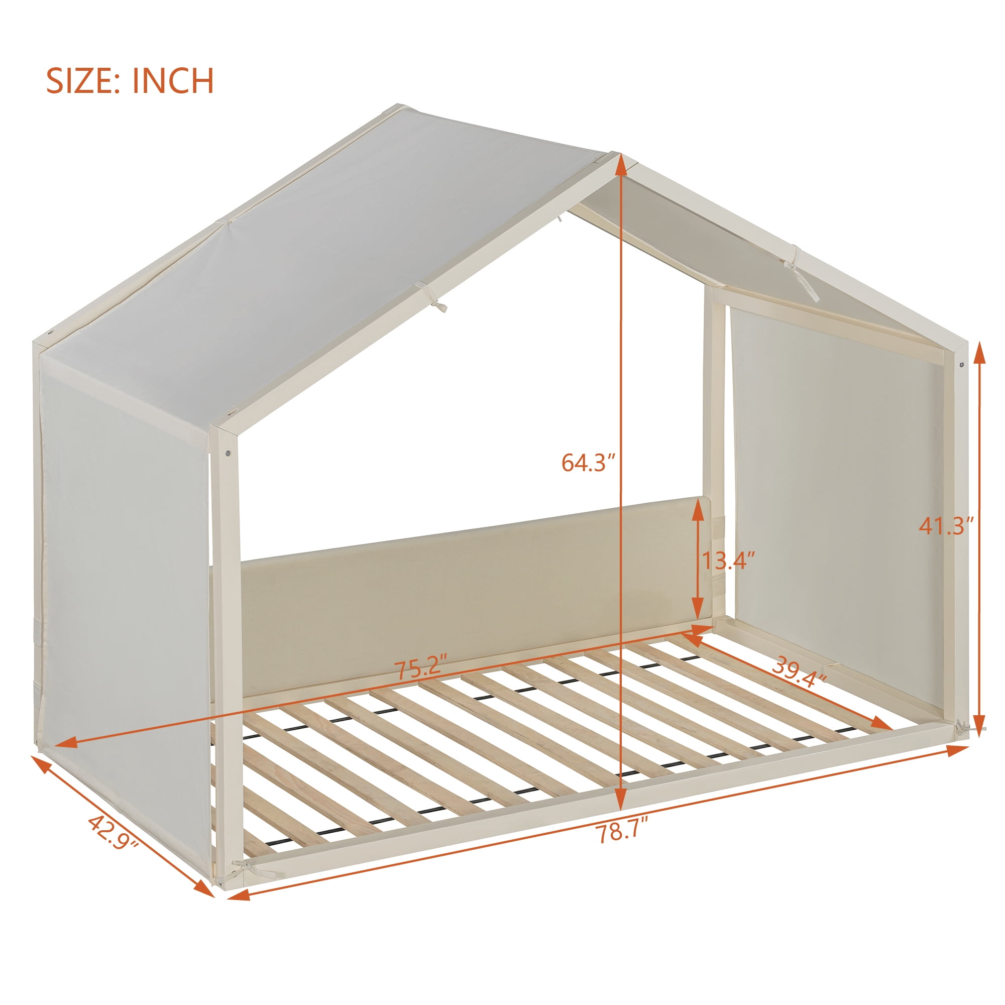 Mintazer Twin Size Montessori House Floor Bed with Breathable Linen Canopy & Velvet Upholstered Side Guard Panels, Low Platform Kids Playhouse Bed Frame for Bedroom Guest Room, Natural