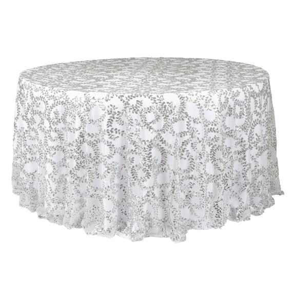 Sequin Tablecloth Silver Vine Round Table Overlay 120" for Wedding, Party, Baby or Bridal Shower, Holiday, Birthday