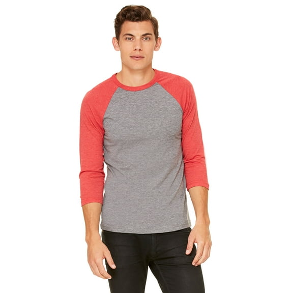 Bella   Canvas Unisex Jersey 3/4 Sleeve Baseball Tee , 3200 , GREY/ LT RED TRB , Large