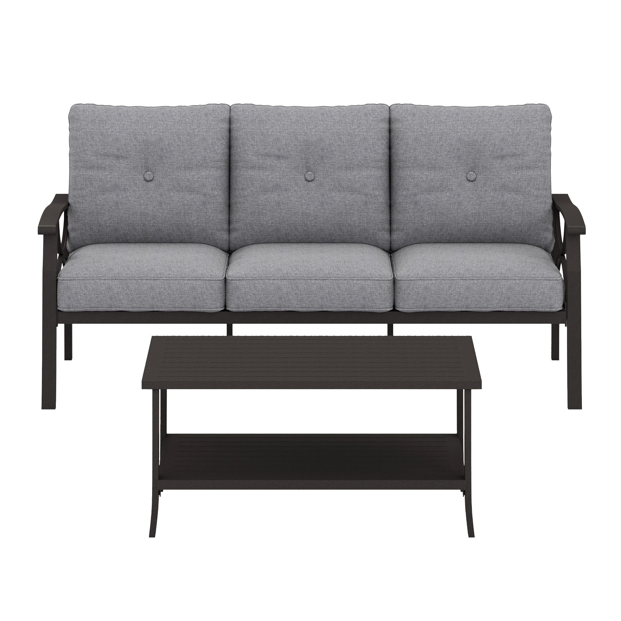 Heynemo Outdoor Patio Furniture Set, 2 Piece Patio Conversation Set, Metal Furniture Set with 3 seat Sofa for Porch Backyard,Khaki Metal Furniture with Gray Cushions