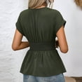 thumbnail image 4 of Pincandy Fashion Summer Women's Solid Color V-Neck Short Sleeve Shirts Top Blouse Women's Batwing Sleeve V Neck Fold Pleated Ruffle Hem Blouse Peplum Top,Army Green,XL, 4 of 4