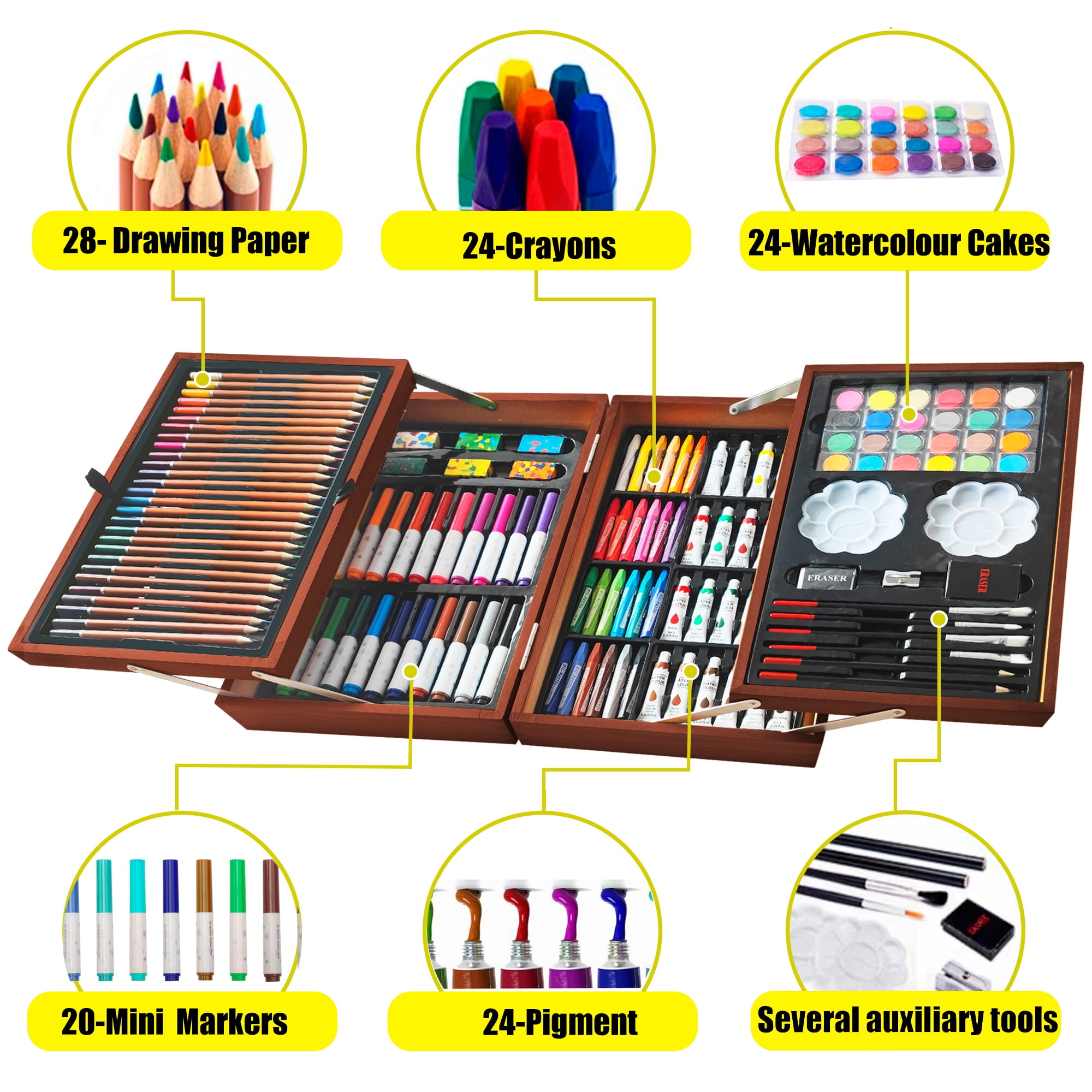 KINSPORY 139 pack Deluxe Portable Double Layers Wooden Coloring Drawing Kit with Sketch Pads, Art Set Gift for Artist Adults Beginners Kids (Brown)