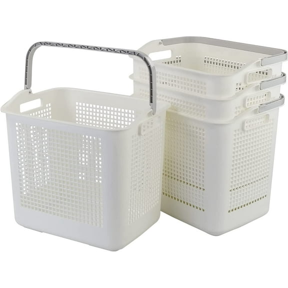 35 L Plastic Laundry Storage Basket, White Laundry Hamper with Handle, 4-Pack