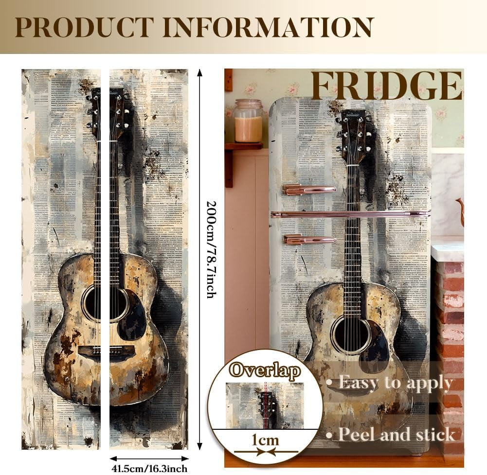 2 Sheet Musical Instrument Removable Refrigerator Wraps Self-Adhesive Fridge Stickers Peel and Stick Vinyl Fridge Decals Sticker